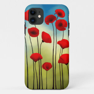 Blauwe bloem illustratie, groen veld, blauwe hemel iPhone 11 hoesje