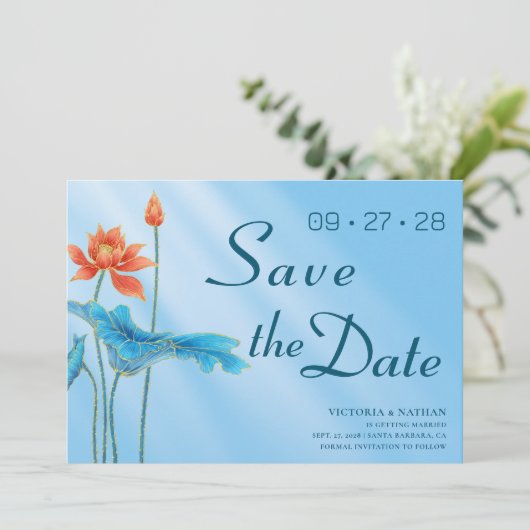 Blauwe Bloem Lotus Trouw Save the Date Uitnodiging (Staand voorkant)
