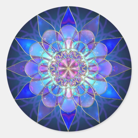 Blauwe bloem Mandala Fractal Ronde Sticker (Voorkant)
