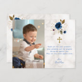 Blauwe Bloem Marmer Foto Jongen Gouden Kruis Doop Bedankkaart (Voorkant / Achterkant)