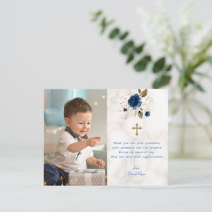 Blauwe Bloem Marmer Foto Jongen Gouden Kruis Doop Bedankkaart