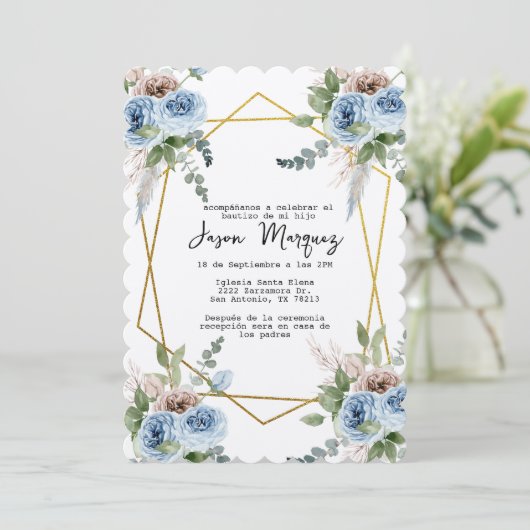Blauwe bloem met gouden lijsten doopuitnodiging kaart (Staand voorkant)