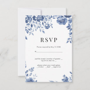 Blauwe Bloem Retro bloemenbruiloft RSVP Kaartje