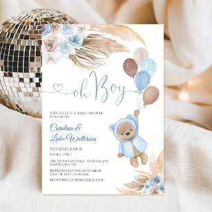 Blauwe Bloem Teddybeer Babyshower Uitnodiging