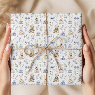 Blauwe Bloem Teddybeer Konijn Babykamer Cadeaupapier