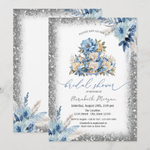 Blauwe Bloem Theekopje Glitter Lijst Baby Shower Kaart