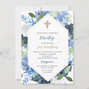 Blauwe bloem Water gekleurd Bautizo Spaans Invite Kaart