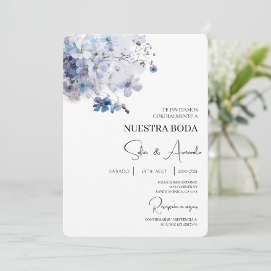 Blauwe bloem water kleur Bruiloft uitnodiging (Staand voorkant)