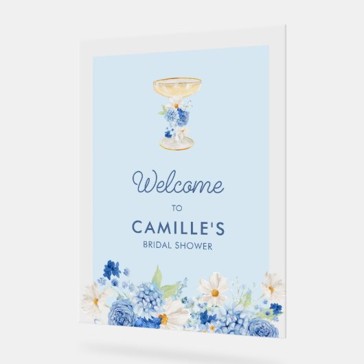 Blauwe bloemblaadjes en prosecco welkom acryl teke acryl bord (Hoek)