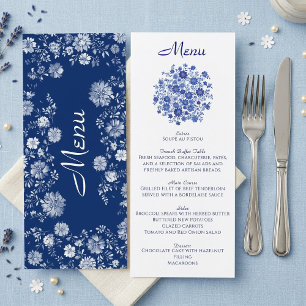 Blauwe Bloemboeket Huwelijksdiner Menu Kaart