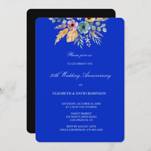 Blauwe bloemen 50ste verjaardag bruiloft kaart (Voorkant / Achterkant)