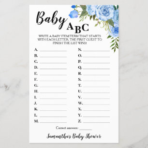 Blauwe Bloemen Baby ABC Baby Shower Spelkaart Flyer