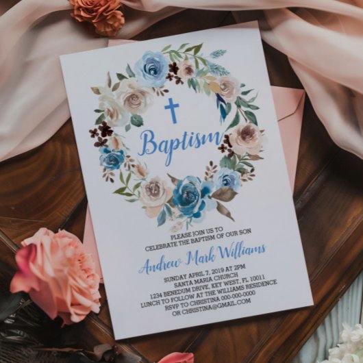 Blauwe Bloemen Baby Jongen Doop Uitnodiging
