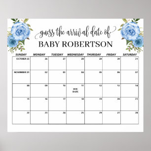 Blauwe bloemen Baby Shower Raad de Bevalling Datum Poster