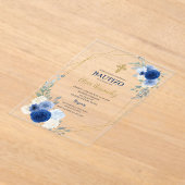 Blauwe Bloemen Bautizo Spaans acryl Uitnodiging Acryl Uitnodigingen (Laagn)