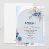 Blauwe Bloemen Bautizo Spaanse Uitnodiging (Voorkant / Achterkant)