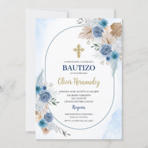 Blauwe Bloemen Bautizo Spaanse Uitnodiging
