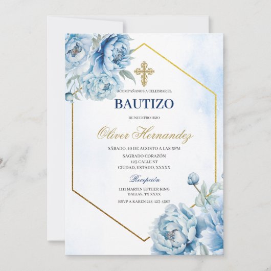 Blauwe Bloemen Bautizo Spaanse Uitnodiging (Voorkant)