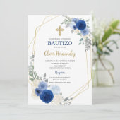 Blauwe Bloemen Bautizo Spaanse Uitnodiging (Staand voorkant)