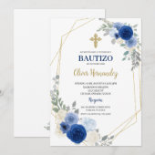 Blauwe Bloemen Bautizo Spaanse Uitnodiging (Voorkant / Achterkant)