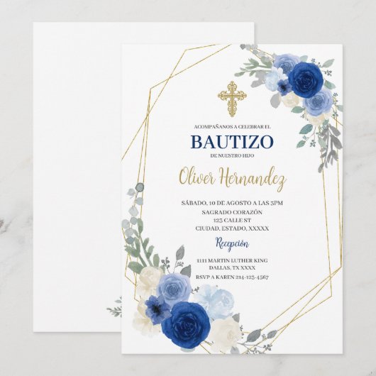 Blauwe Bloemen Bautizo Spaanse Uitnodiging (Voorkant / Achterkant)