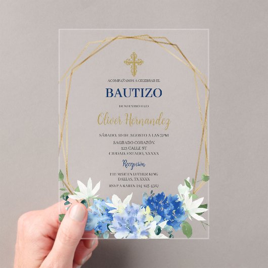 Blauwe Bloemen Bautizo Spaanse Uitnodiging Acryl Uitnodigingen (Insitu (Draagbaar))