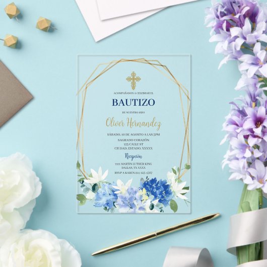 Blauwe Bloemen Bautizo Spaanse Uitnodiging Acryl Uitnodigingen (Insitu (Huwelijk))