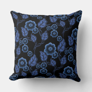 Blauwe bloemen, blauwe bladeren, Folkkunstbloem/zw Kussen