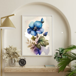 Blauwe bloemen Blauwe Waterverf Afdrukmuur Kunst Poster