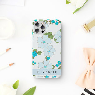 Blauwe bloemen, bloemenpatroon, Jouw naam iPhone 12 Pro Hoesje