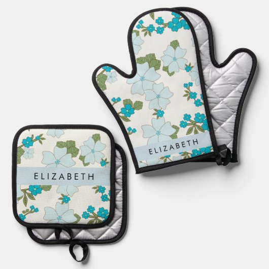 Blauwe bloemen, bloemenpatroon, Jouw naam Ovenwant & Pannenlap Set (Voorkant / Achterkant)