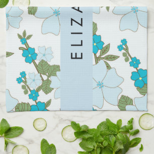 Blauwe bloemen, bloemenpatroon, Jouw naam Theedoek