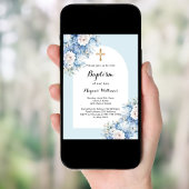 Blauwe bloemen boog kruis jongen doop kaart