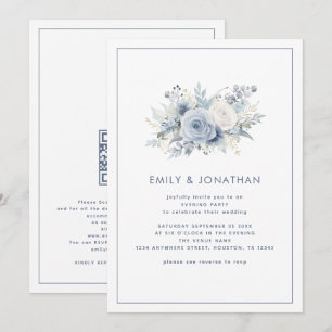 Blauwe Bloemen Border QR Huwelijksavond Feest Kaart