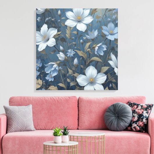Blauwe Bloemen Botanisch Patroon AI Digitale Wandk Canvas Afdruk (Insitu (Woonkamer))