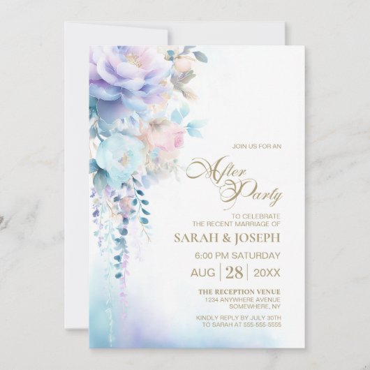 Blauwe bloemen bruiloft na het feest kaart (Voorkant)