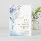 Blauwe bloemen bruiloft na het feest kaart (Staand voorkant)