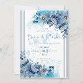 Blauwe Bloemen Bruiloft Uitnodiging (Voorkant)