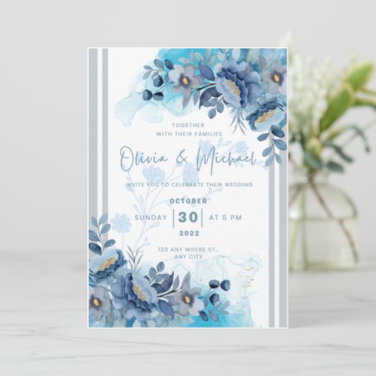 Blauwe Bloemen Bruiloft Uitnodiging (Staand voorkant)