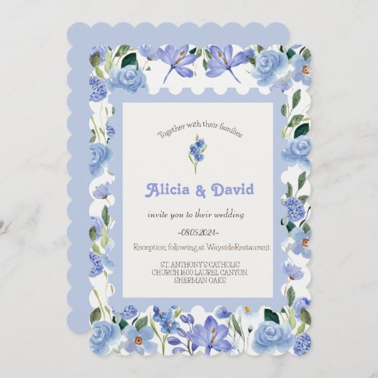 Blauwe Bloemen bruiloft uitnodiging. Kaart (Voorkant / Achterkant)