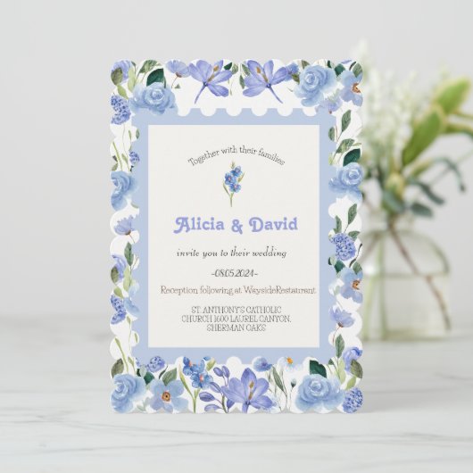 Blauwe Bloemen bruiloft uitnodiging. Kaart (Staand voorkant)