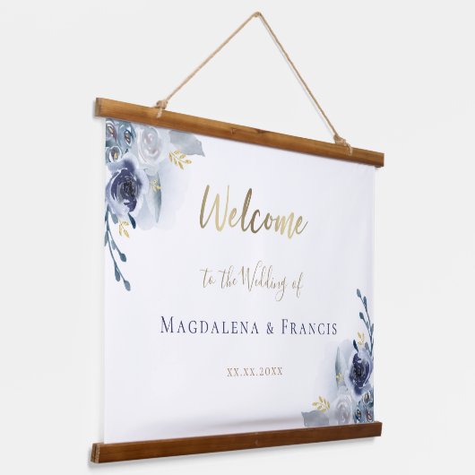 blauwe bloemen bruiloft welkom hanglint hangend wandkleed (Gebogen)