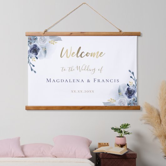 blauwe bloemen bruiloft welkom hanglint hangend wandkleed (Slaapkamer)