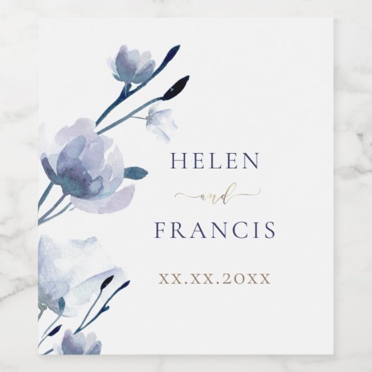 blauwe bloemen bruiloft wijn etiket (Enkel label)