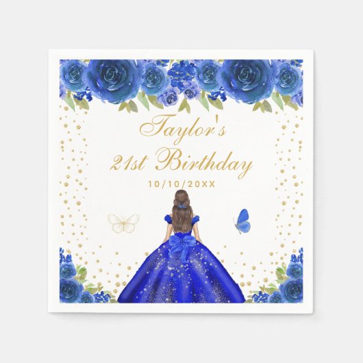 Blauwe Bloemen Brunette Prinses Verjaardagsfeest Servet (Voorkant)