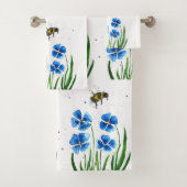 Blauwe bloemen Bumble Bee Wildbloemen Waterverf Bad Handdoek (Insitu)