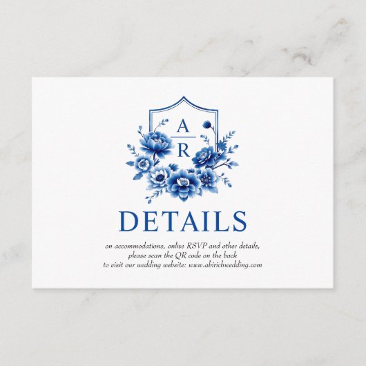 Blauwe bloemen Chinoiserie bloem bruiloft details Informatiekaartje (Voorkant)