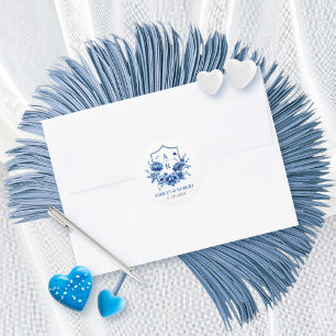Blauwe bloemen Chinoiserie crest en initialen brui Ronde Sticker