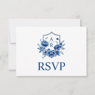 Blauwe bloemen Chinoiserie crest en qr code bruilo RSVP Kaartje