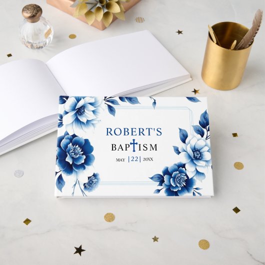 Blauwe bloemen Chinoiserie en drievoudige grens Do Gastenboek (Voorkant open)